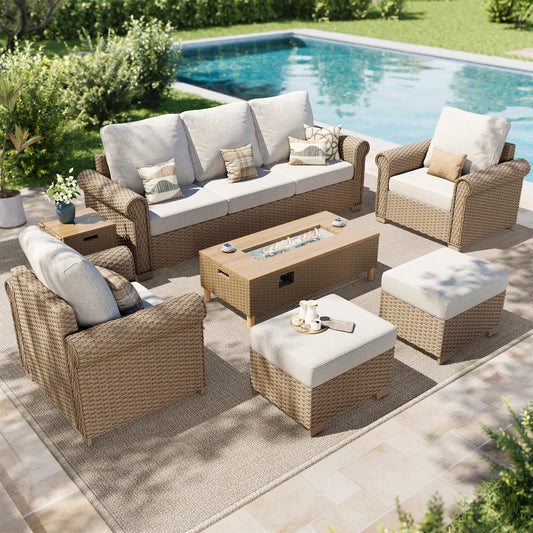 SUMMIT LIVING All-Weather Wicker Patio Furniture Set With 42" Fire Pit Table, 7-Piece Outdoor Patio Conversation Set with 2 Ottomans, Beige