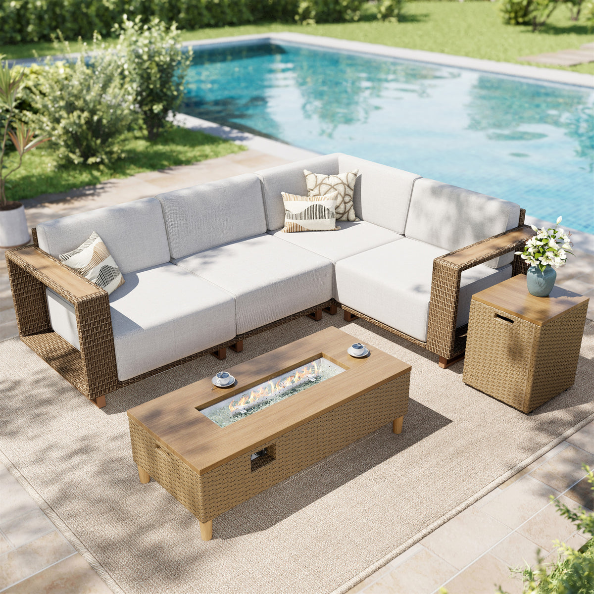 SUMMIT LIVING 6-Piece Wicker Patio Furniture Set with 42" Fire Pit Table, All-Weather Outdoor Sectional Conversation Set for Garden Backyard, Beige