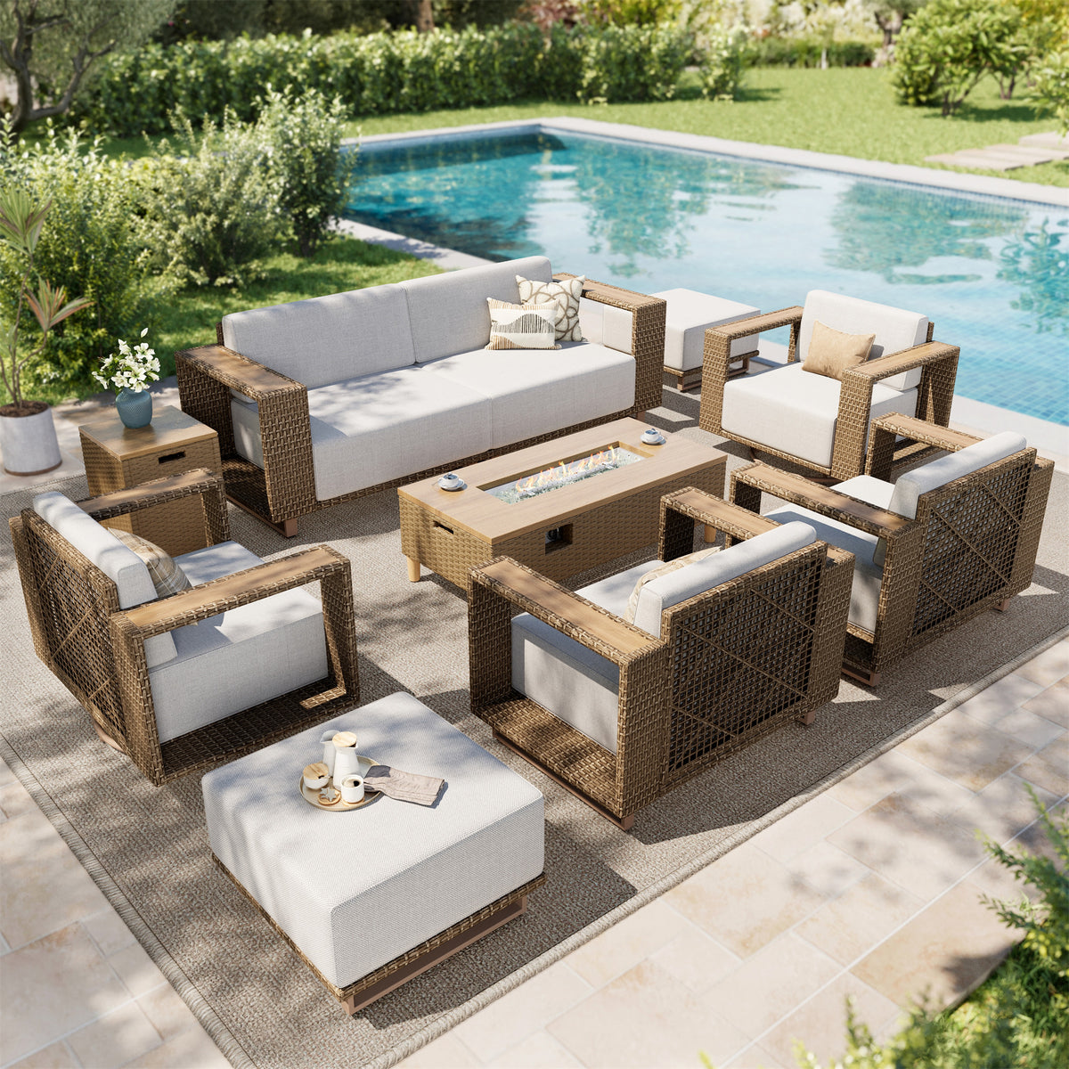 SUMMIT LIVING Wicker Patio Furniture Set with Fire Pit Table, All-Weather Outdoor Conversation Sofa Set with Fixed & Swivel Chairs for Garden Backyard, Beige