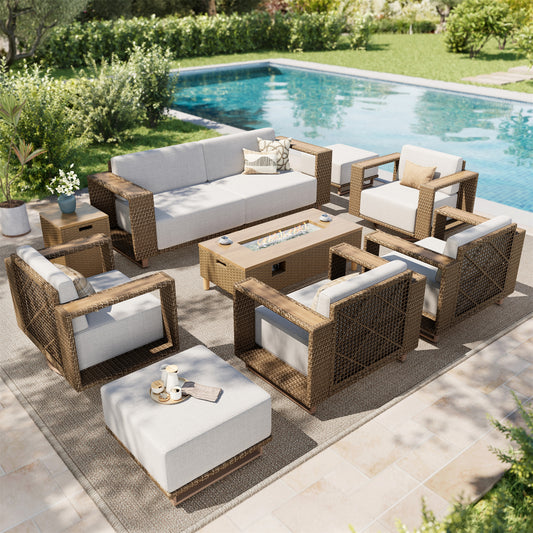 SUMMIT LIVING Wicker Patio Furniture Set with Fire Pit Table, All-Weather Outdoor Conversation Sofa Set with Fixed & Swivel Chairs for Garden Backyard, Beige