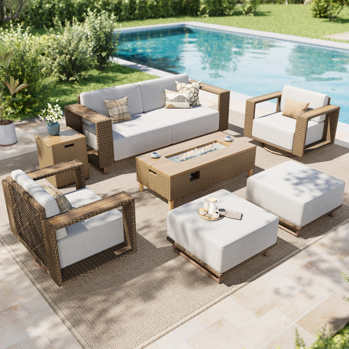 SUMMIT LIVING Wicker Patio Furniture Set with Fire Pit Table, All-Weather Outdoor Conversation Sofa Set with Fixed & Swivel Chairs for Garden Backyard, Beige