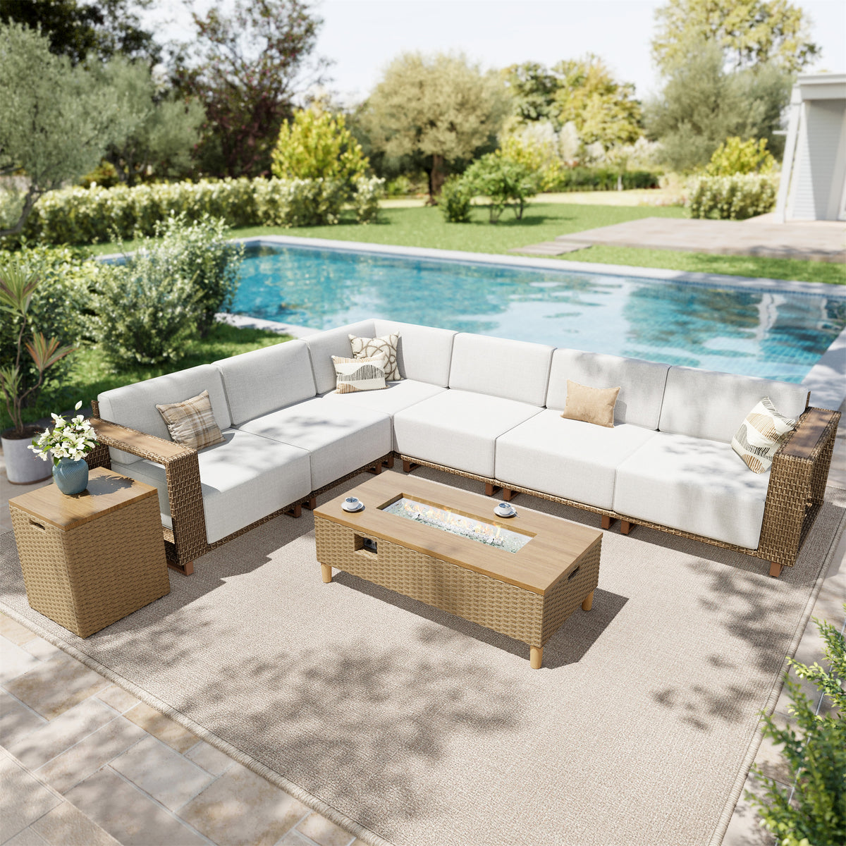 SUMMIT LIVING 8-Piece Wicker Patio Furniture Set with 42" Fire Pit Table, All-Weather L-Shaped Outdoor Sectional Conversation Set for Garden Backyard, Beige
