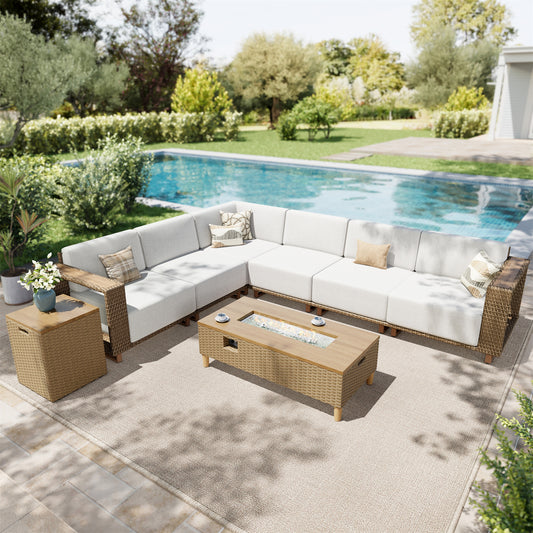 SUMMIT LIVING 8-Piece Wicker Patio Furniture Set with 42" Fire Pit Table, All-Weather L-Shaped Outdoor Sectional Conversation Set for Garden Backyard, Beige