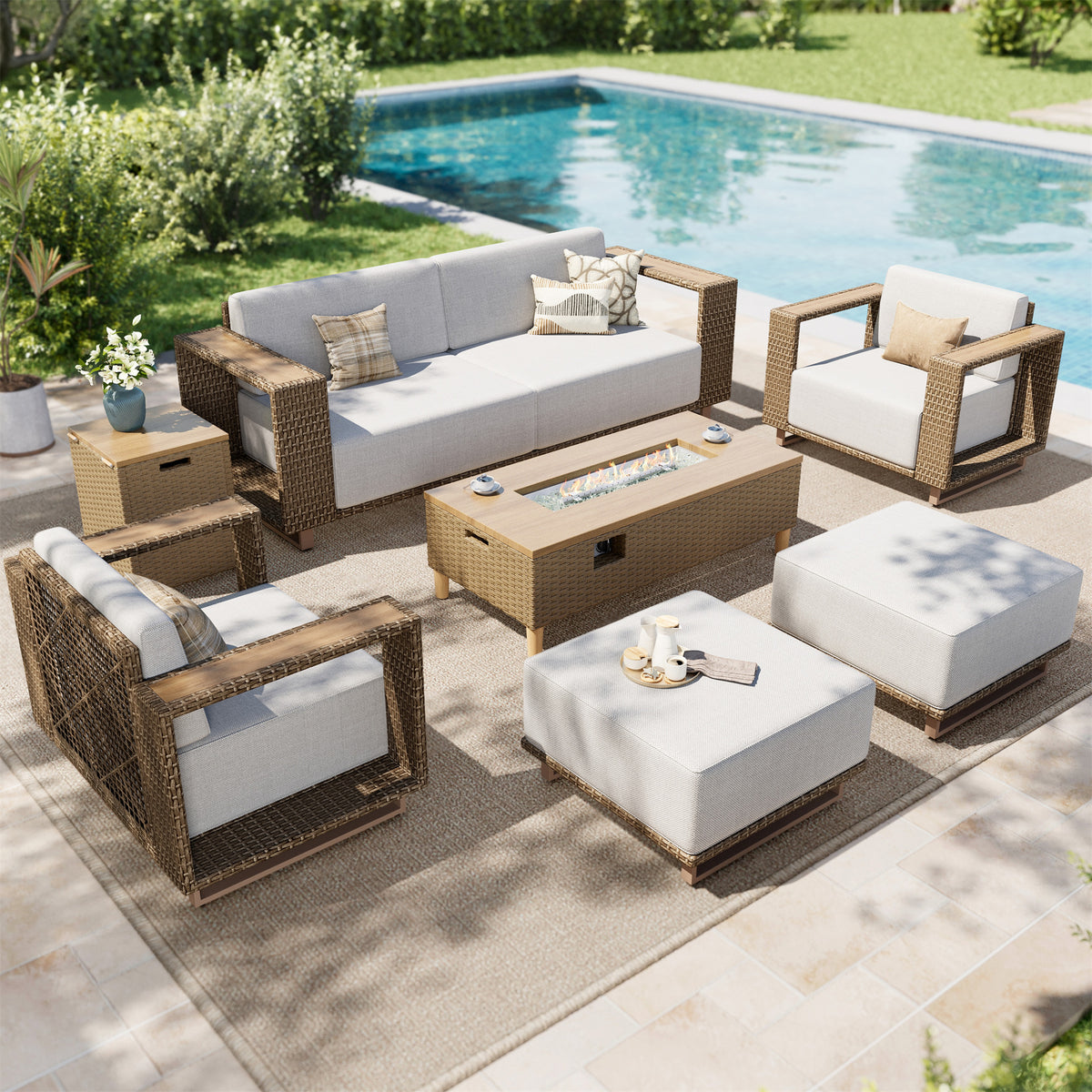 SUMMIT LIVING All-Weather Wicker Patio Furniture Set with Fire Pit Table, Outdoor Conversation Sofa Set with 2 Ottomans for Garden Backyard, Beige