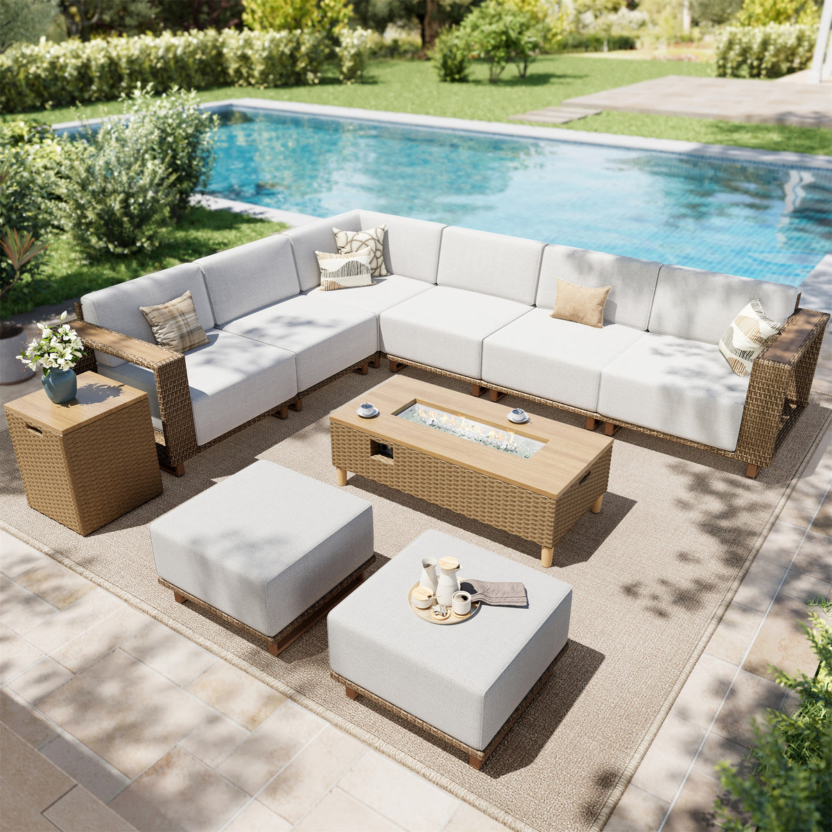 SUMMIT LIVING Wicker Patio Furniture Set with Fire Pit Table, L-Shaped All-Weather Outdoor Sectional Conversation Set with 2 Ottomans for Garden Backyard, Beige