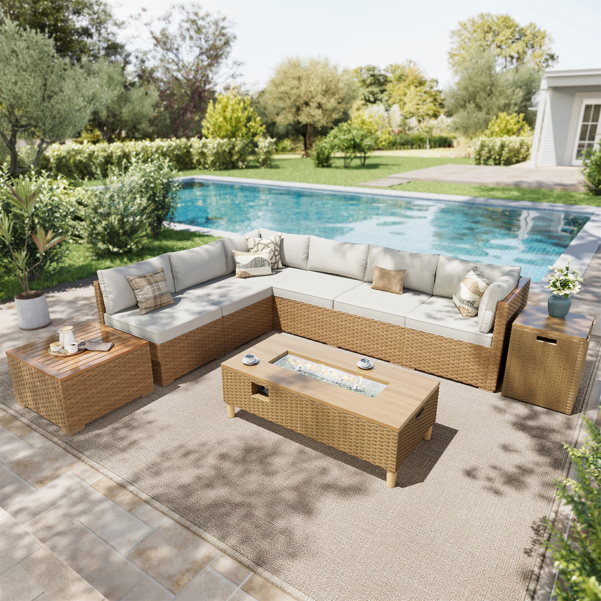 SUMMIT LIVING 8-Piece Wicker Patio Furniture Set with Fire Pit Table, 6-Seater Outdoor Sectional Conversation Sofa Set, Yellow & Beige