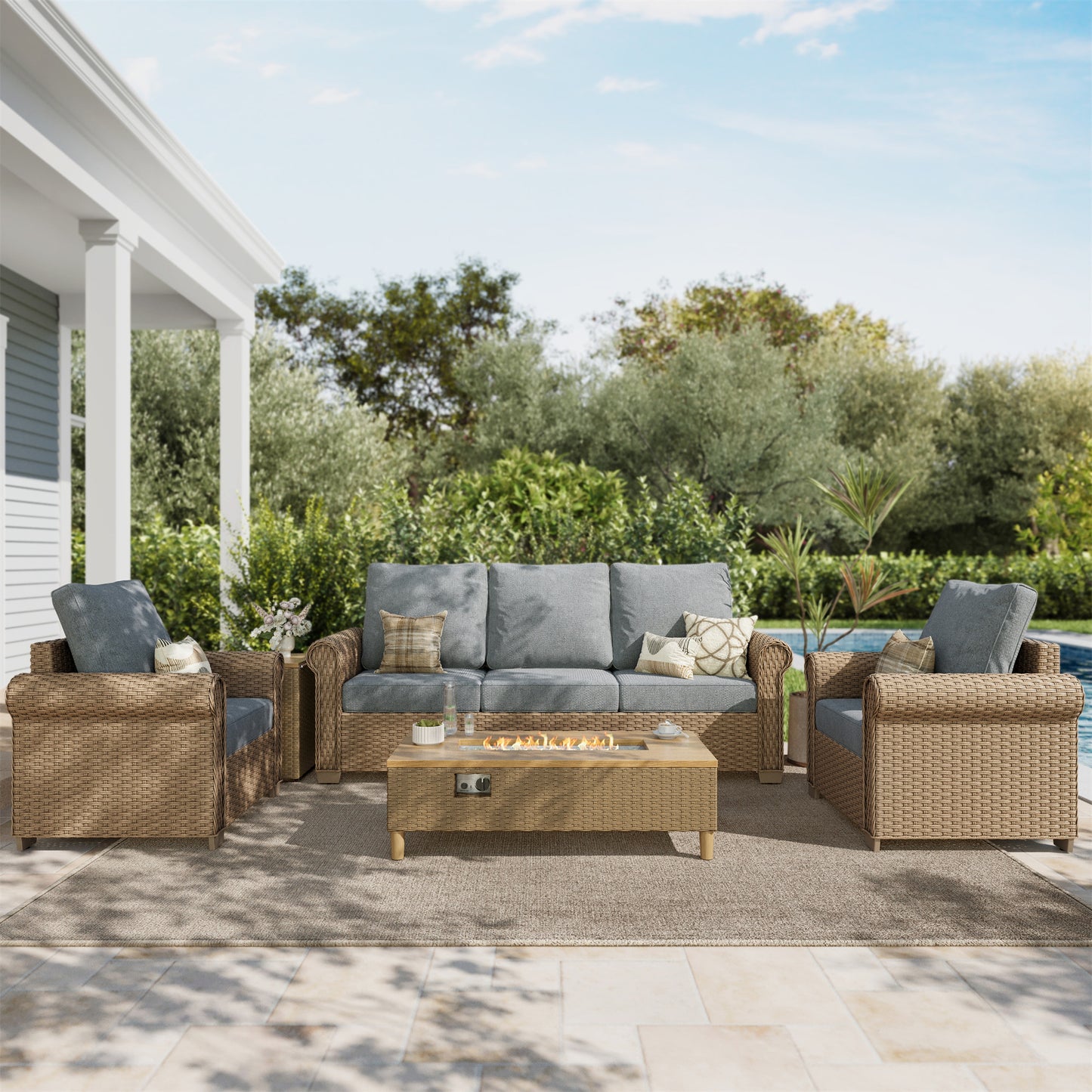 SUMMIT LIVING All-Weather Wicker Patio Furniture Set With 42" Fire Pit Table, 5-Piece Outdoor Patio Conversation Set, Gray