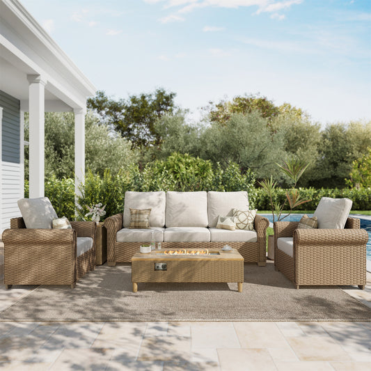SUMMIT LIVING All-Weather Wicker Patio Furniture Set With 42" Fire Pit Table, 5-Piece Outdoor Patio Conversation Set, Beige