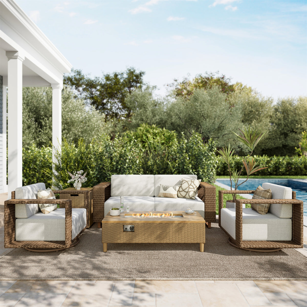 SUMMIT LIVING 6-Piece Wicker Patio Furniture Set with Fire Pit Table, All-Weather Outdoor Conversation Sofa Set with Swivel Chairs for Garden Backyard, Beige
