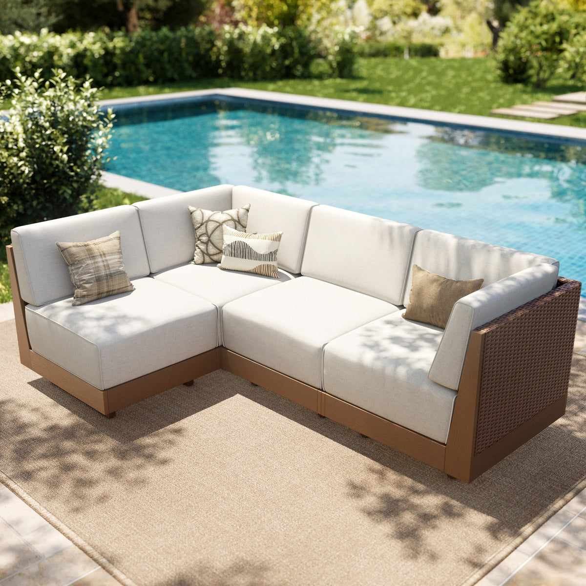 SUMMIT LIVING 4 Piece HDPE Outdoor Patio Furniture Set, Wicker Outdoor Patio Sectional Sofa Set with 8.7" Thick Cushions, Beige