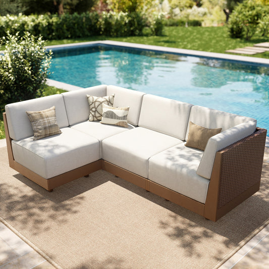 SUMMIT LIVING 4 Piece HDPE Outdoor Patio Furniture Set, Wicker Outdoor Patio Sectional Sofa Set with 8.7" Thick Cushions, Beige