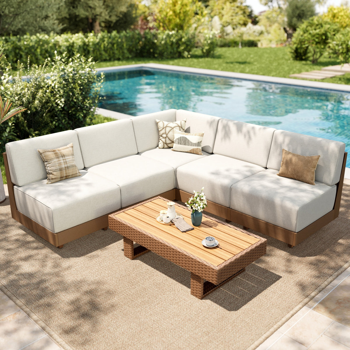 SUMMIT LIVING 6 Piece HDPE Outdoor Patio Furniture Set with Wood-Grain Coffee Table, Oversized Wicker Outdoor Patio Sectional Sofa Set with 8.7inc Thick Cushions, Beige