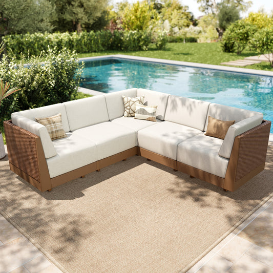 MF Studio 5-Piece HDPE Outdoor Patio Furniture Set with Modular Sofa, Oversized Wicker Outdoor Patio Sectional Sofa Set with 8.7" Thick Cushions, Beige