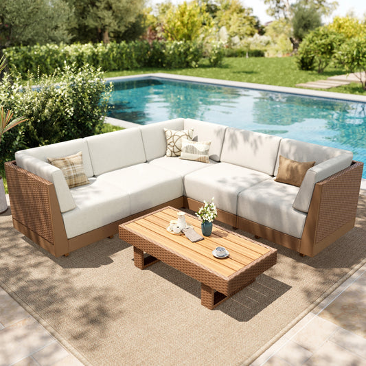 MF Studio 6-Piece HDPE Outdoor Patio Furniture Set with Wood-Grain Coffee Table, Oversized Wicker Outdoor Patio Sectional Sofa Set with 8.7" Thick Cushions, Beige