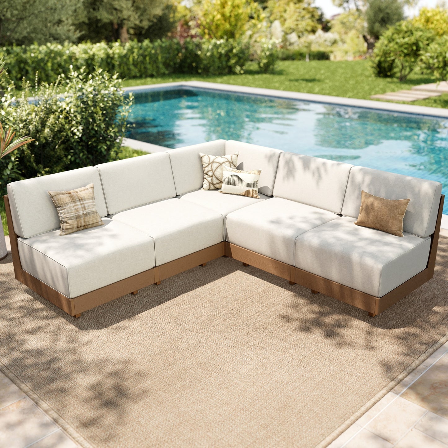 MF Studio 5-Piece HDPE Outdoor Patio Furniture Set with Modular Sofa, Oversized Wicker Outdoor Patio Sectional Sofa Set with 8.7" Thick Cushions, Beige