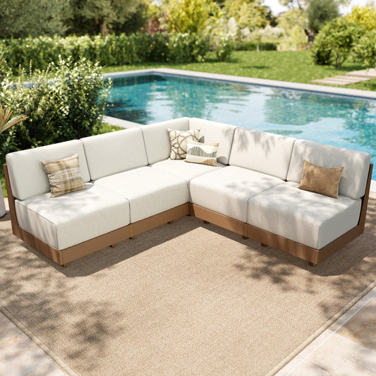 MF Studio 5-Piece HDPE Outdoor Patio Furniture Set with Modular Sofa, Oversized Wicker Outdoor Patio Sectional Sofa Set with 8.7" Thick Cushions, Beige