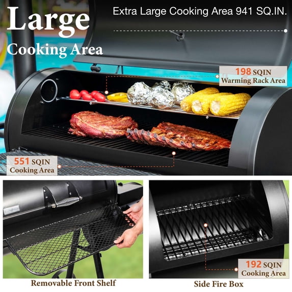 MF Studio Charcoal Grill with Offset Smoker 941 sq.in. Extra Large BBQ Grill Black
