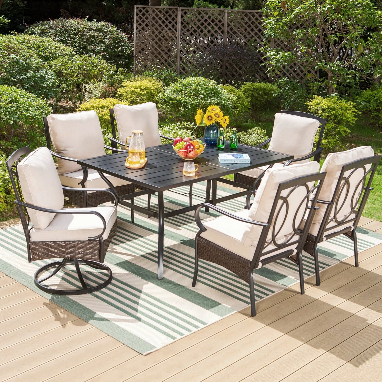 MF Studio 7-Piece Outdoor Patio Dining Set, Swivel Wicker Chairs with Cushions & Patio Table with Umbrella Hole for 6-Person, Black & Beige