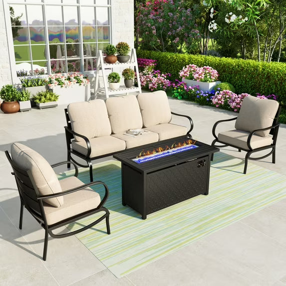 Summit Living 4 Pieces Patio Conversation Set with 45" Fire Pit Table Outdoor furniture Sectional Sofa for 5 Person, Beige Cushions