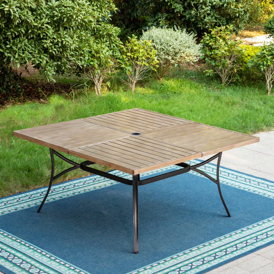 SUMMIT LIVING 57.5” Square Outdoor Patio Dining Table with Umbrella Hole & Wood-Grain Table Top for 8