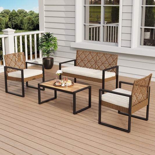 MF Studio 4-Piece All-Weather Rattan Patio Furniture Set, Outdoor Conversation Set with Wood Table, Brown and Beige