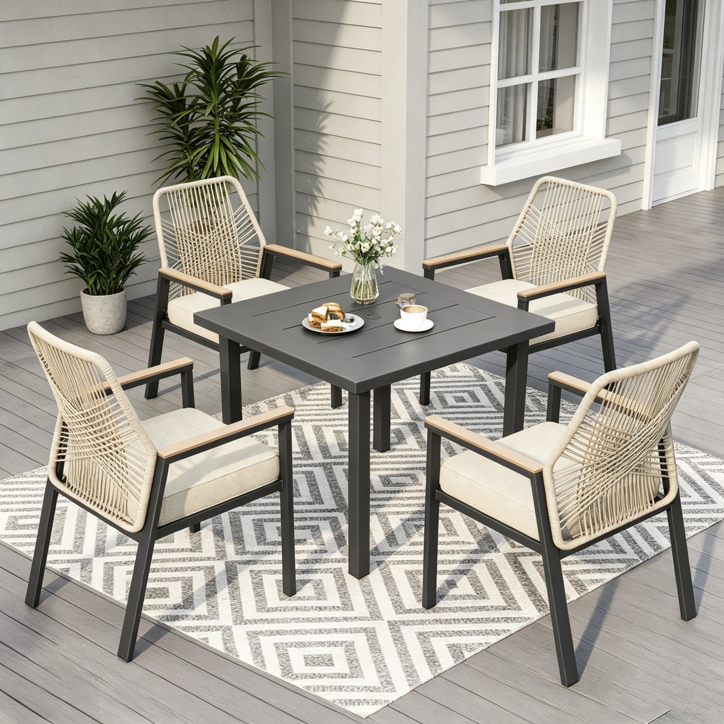 MF Studio 5-Piece Outdoor Patio Dining Set, 4 Rattan Rope-Woven Chairs & 34.2" Square Table with 1.6"-2" Umbrella Hole, Black and Beige