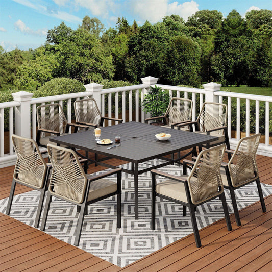 9-Piece Patio Dining Set, 8 Cushioned All-Weather Rattan Rope Chairs and 60" Large Square Table with Umbrella Hole