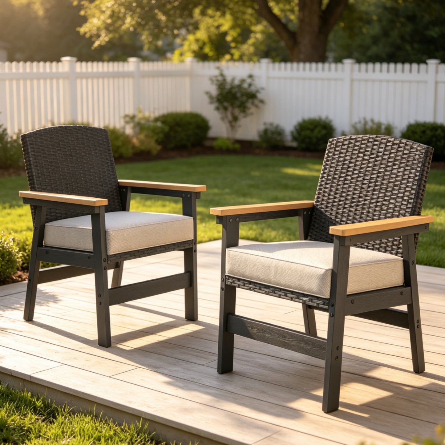 MF Studio Weather Resistant HDPE Wicker Patio Chair with 3.2" Thick Cushion, Outdoor Dining Arm Chair for Lawn Backyard