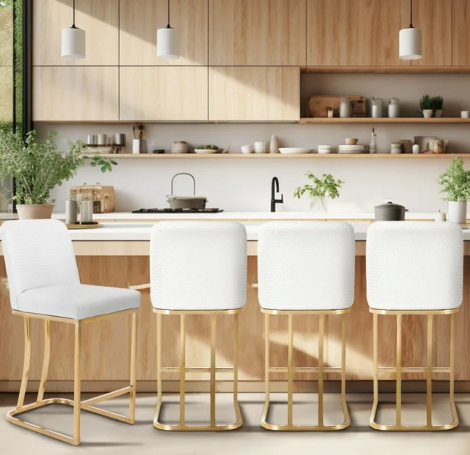 Summit Living 4 PCs 24 inch Counter Bar Stools with Back for Kitchen Dining, Faux Leather Barstools, White & Gold