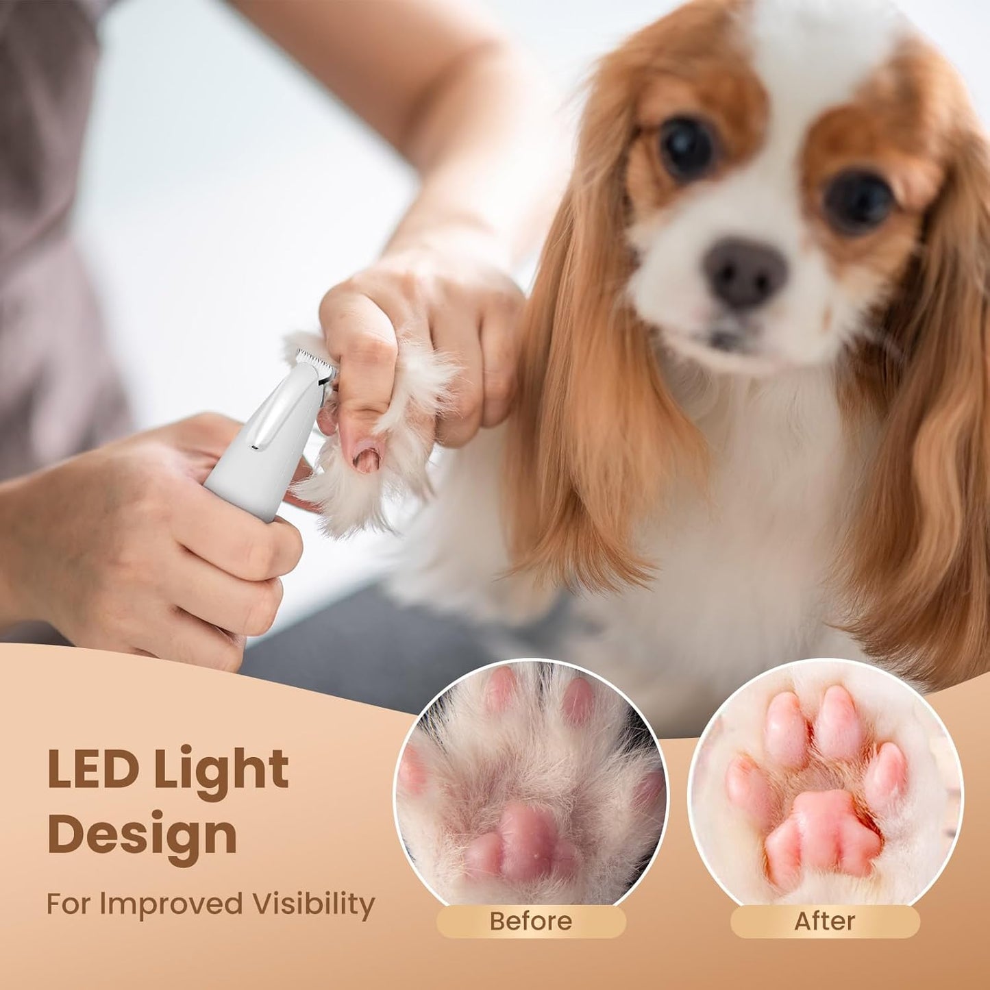 Grandtail Electric Dog Trimmer for Dogs Paw Hair Trimmer, Pet Paws Trimmer with Led Light, Rechargeable Low Noise Pet Trimmer Hair Clipper，Electric and battery-powered hair clippers