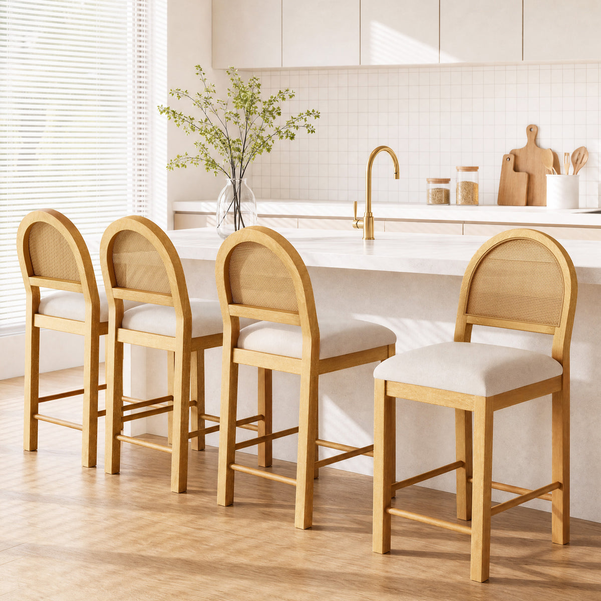 SUMMIT LIVING Counter Height Bar Stool with Back Set of 4, Fabric Upholstered Seat, Solid Rubber Wood Frame for Kitchen Island, Beige