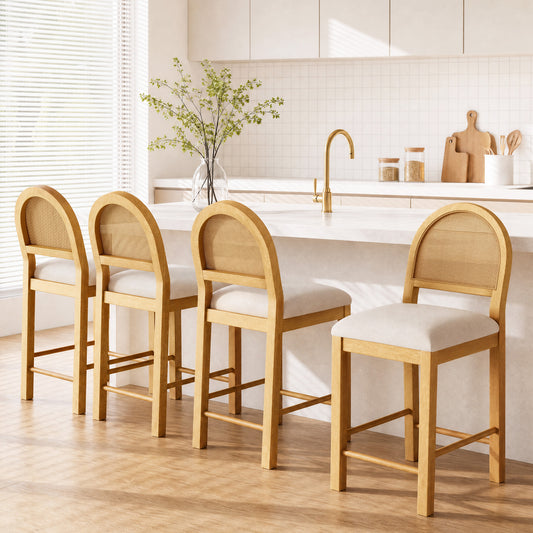 SUMMIT LIVING Counter Height Bar Stool with Back Set of 4, Fabric Upholstered Seat, Solid Rubber Wood Frame for Kitchen Island, Beige