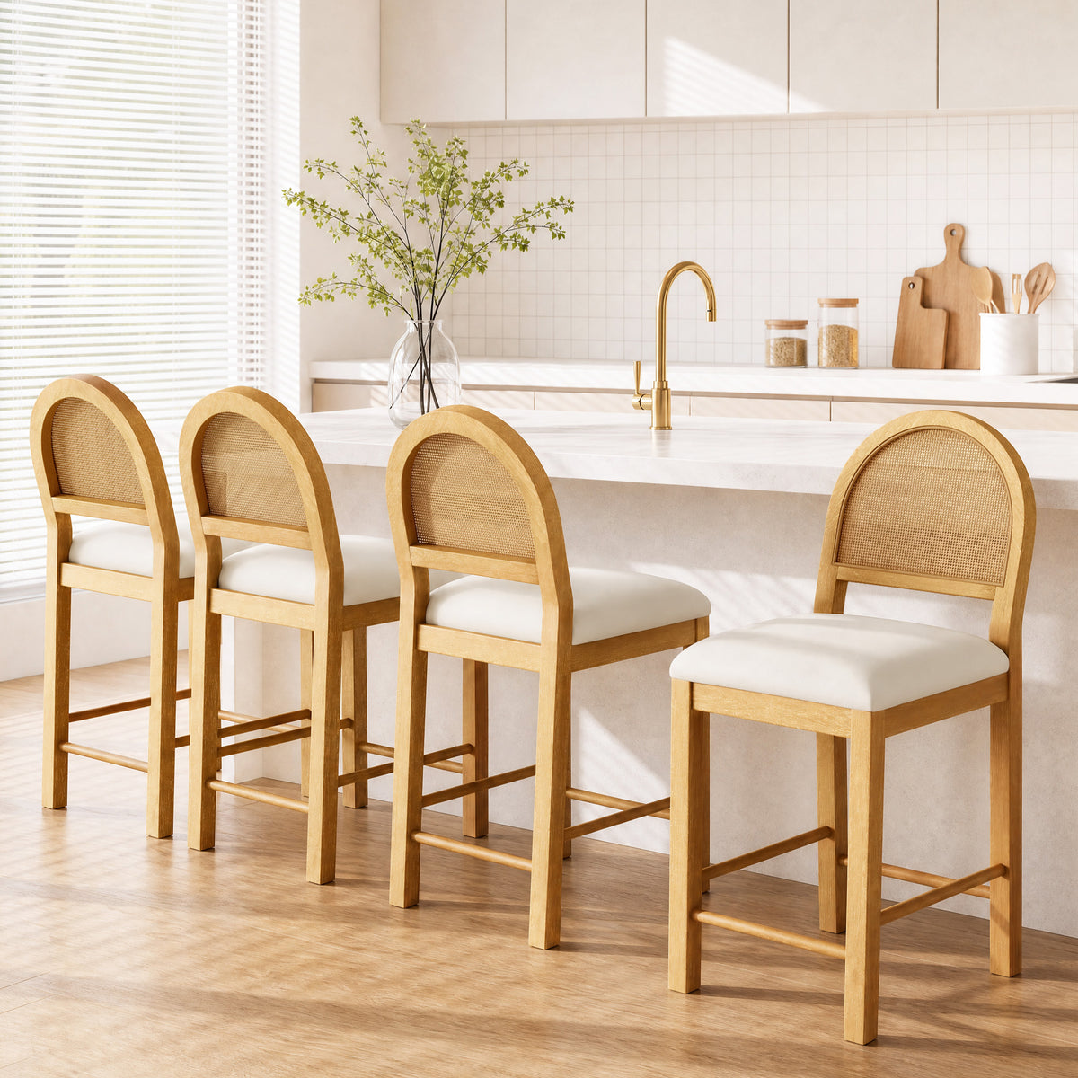 SUMMIT LIVING Counter Height Bar Stool with Back Set of 4, Faux Leather Upholstered Seat, Solid Rubber Wood Frame for Kitchen Island, Ivory