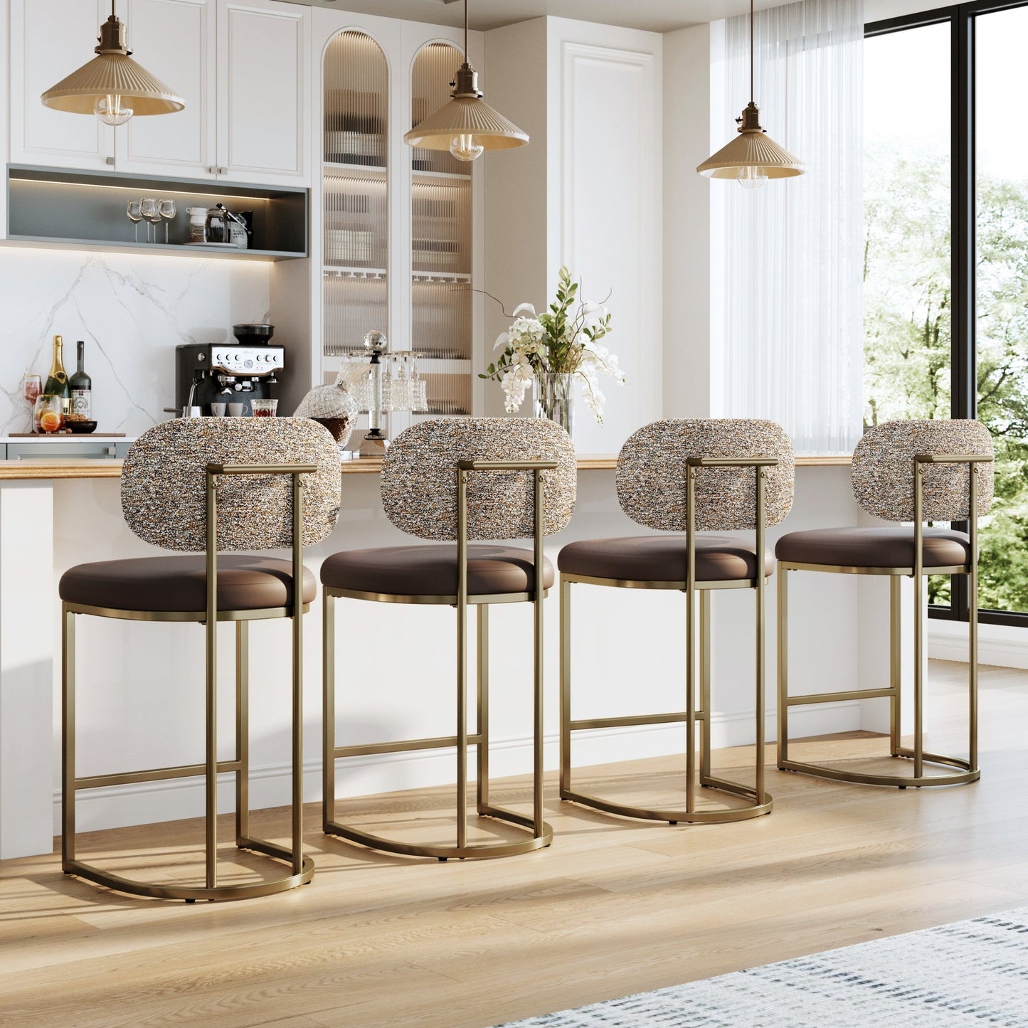 MF Studio Counter Height Bar Stool with Back Set of 4, 24.8" Modern PU Upholstered Bar Chair with Large Chenille Back and Metal Frame, Taupe