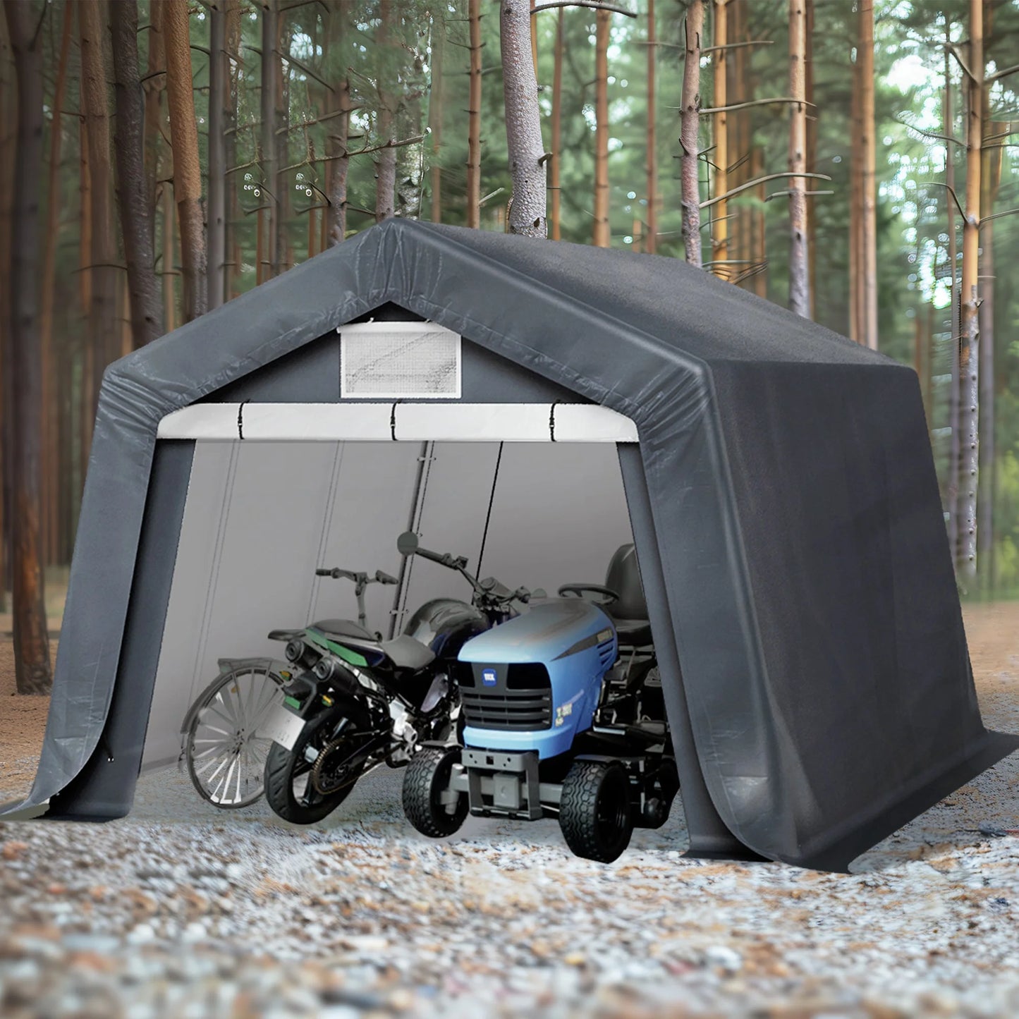 Summit Living 14 x 12 ft Portable Storage Shed with Roll-up Zipper Door, Waterproof Canopy Shelter, Heavy Duty Steel Carport, Black