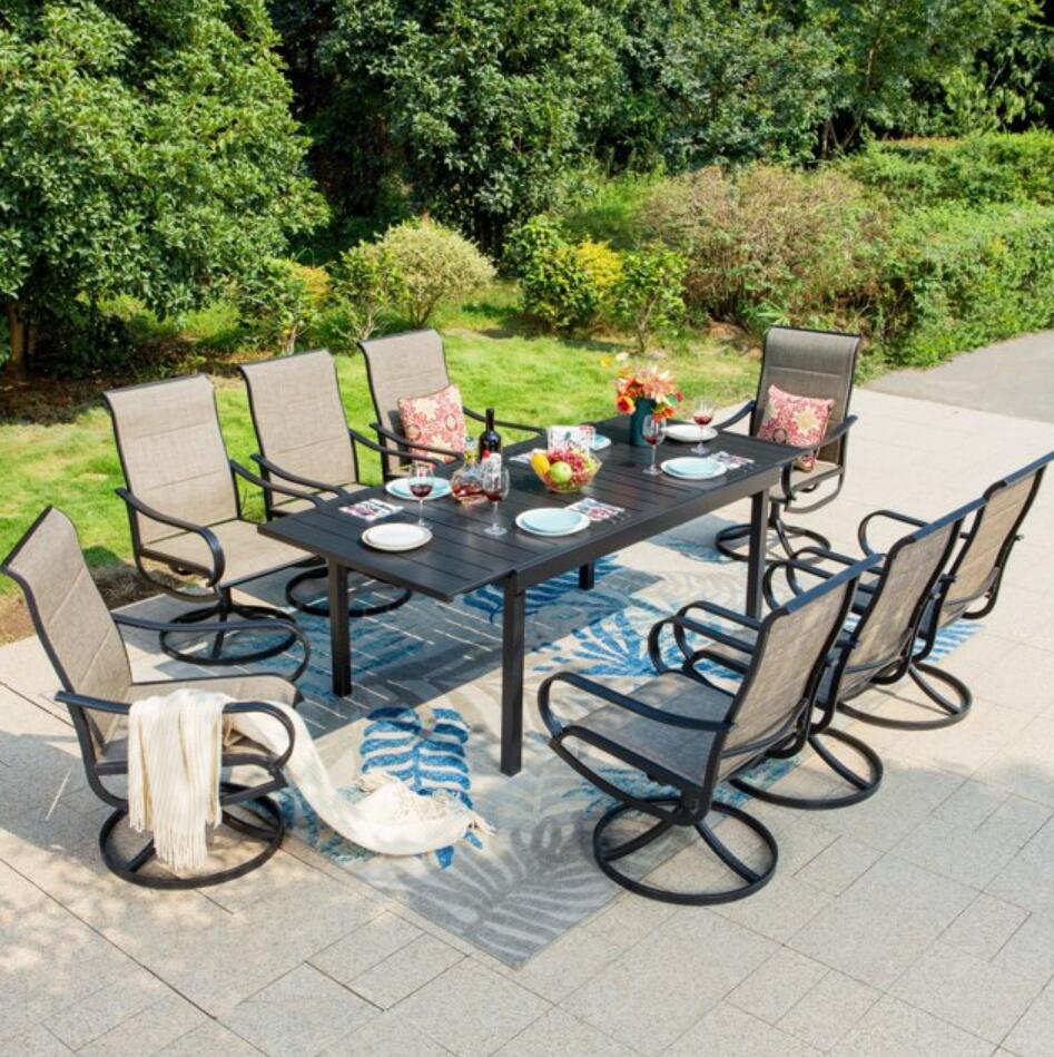 Summit Living Patio Outdoor Dining Set with Extendable Table and High-Back Swivel Chairs for 8, Black & Gray