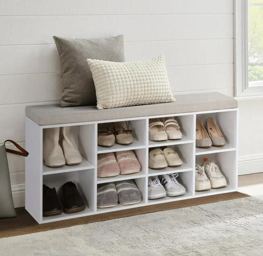MF Studio 10-Pair Shoe Storage Bench with Cushioned Seat, White