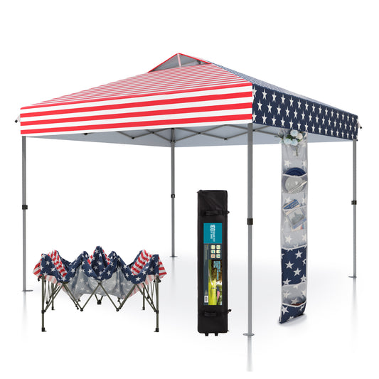Summit Living 10 by 10 Ft Pop up Canopy Tent Straight Legs Instant Canopy for Outside with Wheeled Bag American Flag