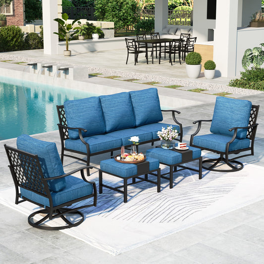 Summit Living 7-Seater Patio Conversation Set Metal Outdoor Furniture Set with Swivel Chairs and Ottomans - Peacock Blue