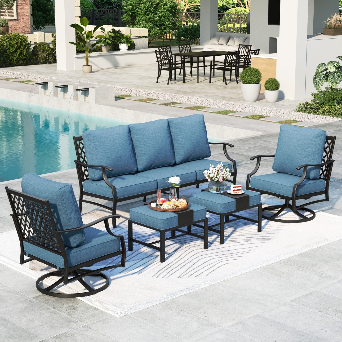 Summit Living 7-Seater Patio Conversation Set Metal Outdoor Furniture Set with Swivel Chairs and Ottomans - Navy Blue