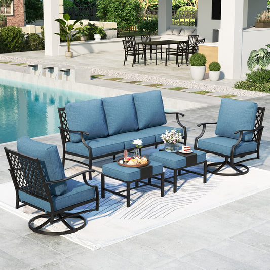 Summit Living 7-Seater Patio Conversation Set Metal Outdoor Furniture Set with Swivel Chairs and Ottomans - Navy Blue