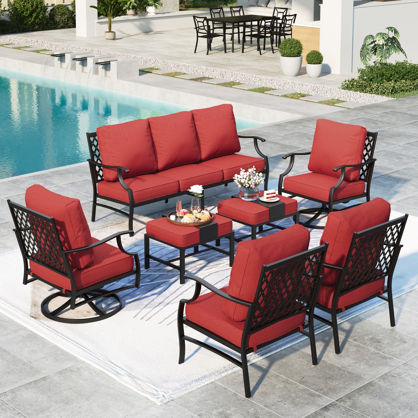 Summit Living 9-Seater Patio Conversation Set Metal Outdoor Furniture Set with Swivel Chairs and Ottomans - Red