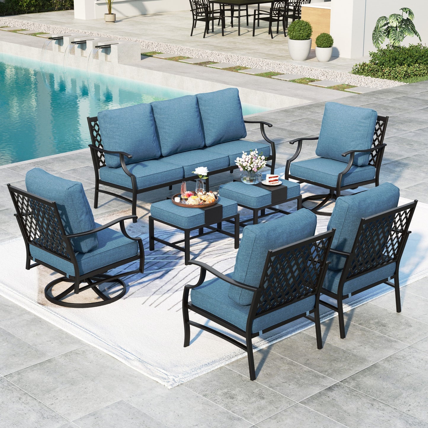 Summit Living 9-Seater Patio Conversation Set Metal Outdoor Furniture Set with Swivel Chairs and Ottomans - Navy Blue