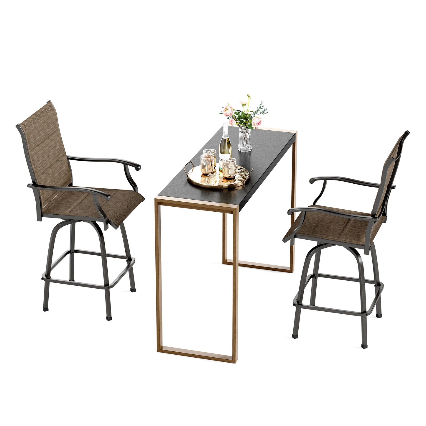 SUMMIT LIVING 3-Piece High Top Outdoor Patio Swivel Bar Stools with Table Set, Metal Counter Height Bistro Set, Black & Brown