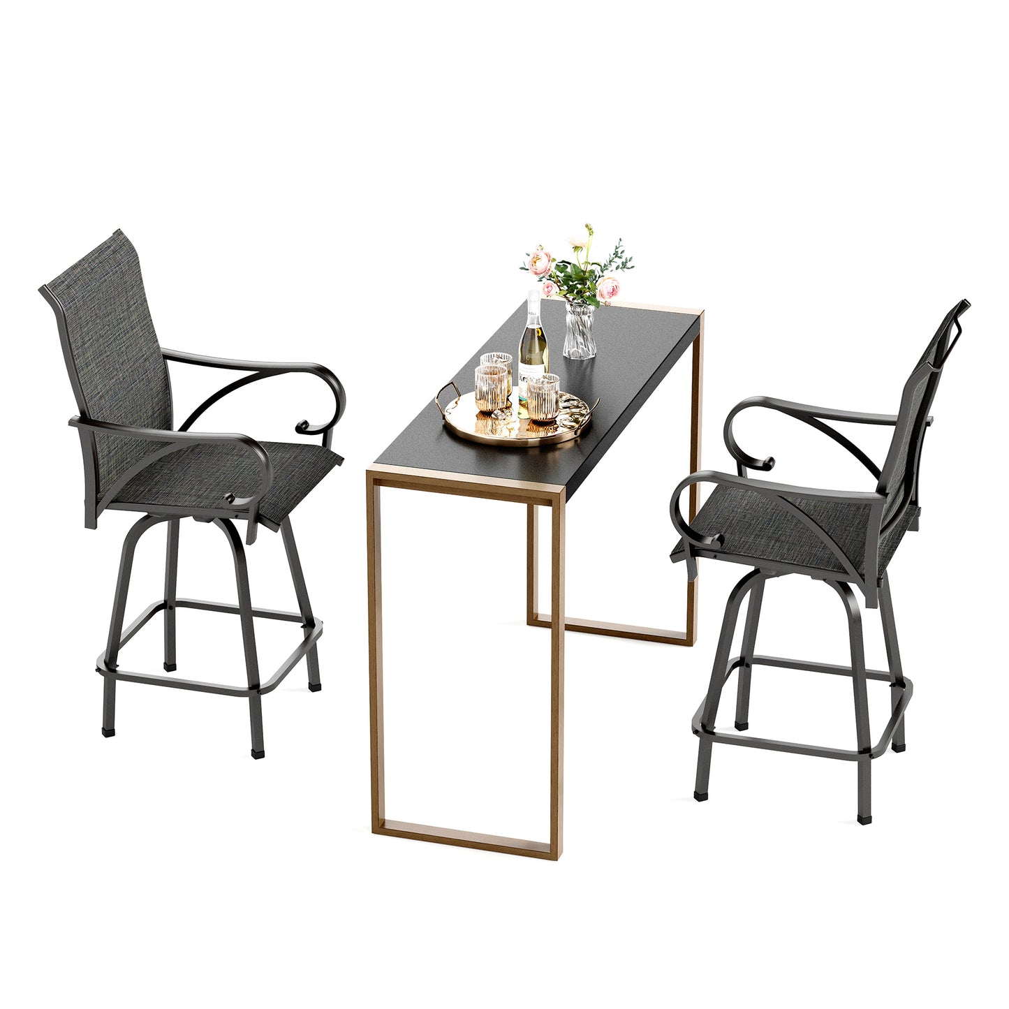 SUMMIT LIVING 3-Piece High Top Outdoor Patio Swivel Bar Stools with Table Set, Metal Counter Height Bistro Set, Black & Gray