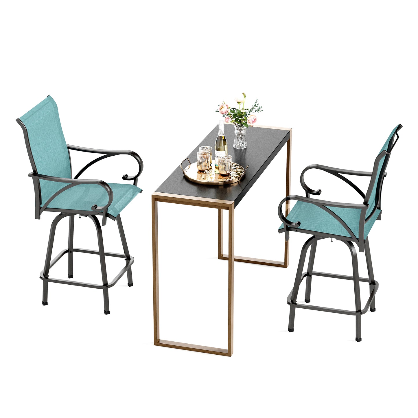 SUMMIT LIVING 3 Piece High Top Outdoor Patio Swivel Bar Stools with Table Set Metal Counter Height Bistro Set Black Aqua