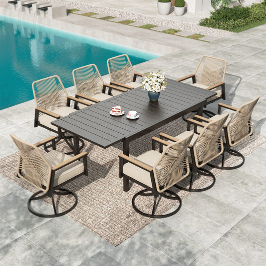 MF Studio Patio Table and Chairs Set, 9-Piece Outdoor Patio Dining Set with Extendable Table and Swivel All-Weather Rattan Rope Chair, Black and Beige