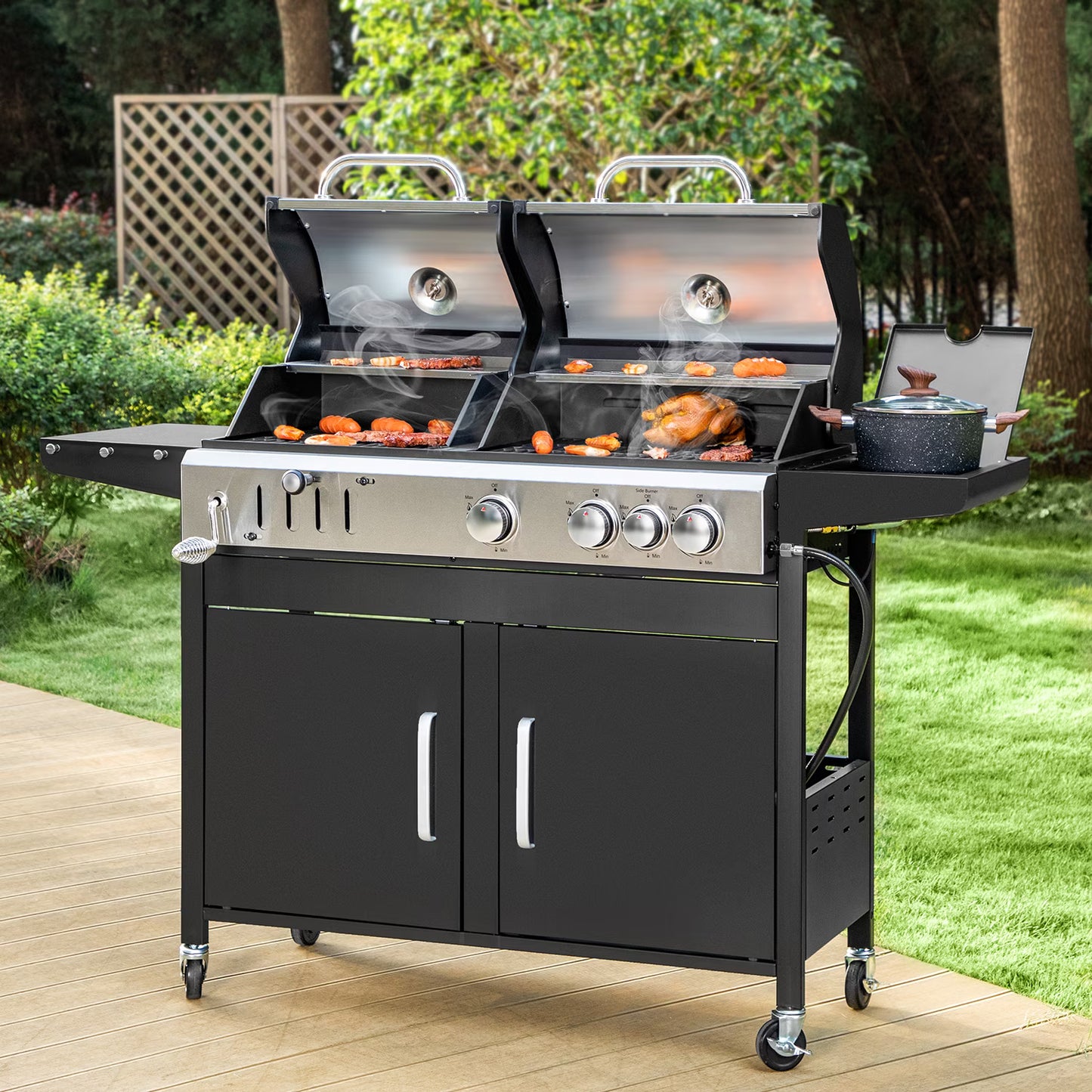 MF Studio Gas and Charcoal Grill Combo Dual Fuel 3-burner 37,000 BTU BBQ Grill with Side Burner