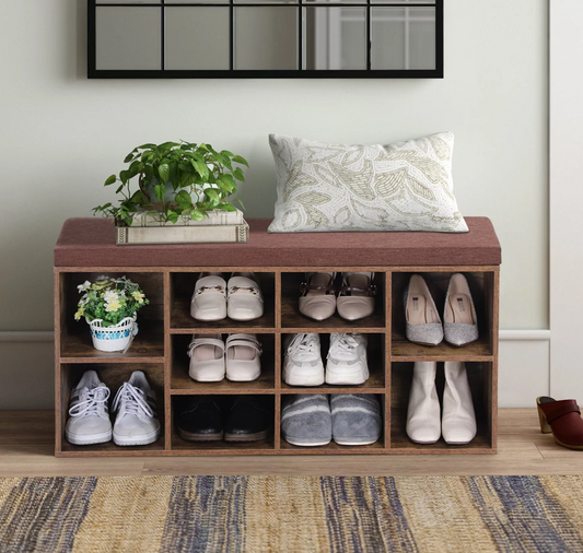MF Studio 10-Pair Shoe Storage Bench with Cushioned Seat, Brown