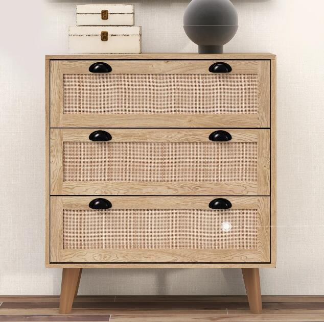 Summit Living Accent Cabinet 3-Drawer Rattan Dresser Bedside Table for Bedroom and Living room